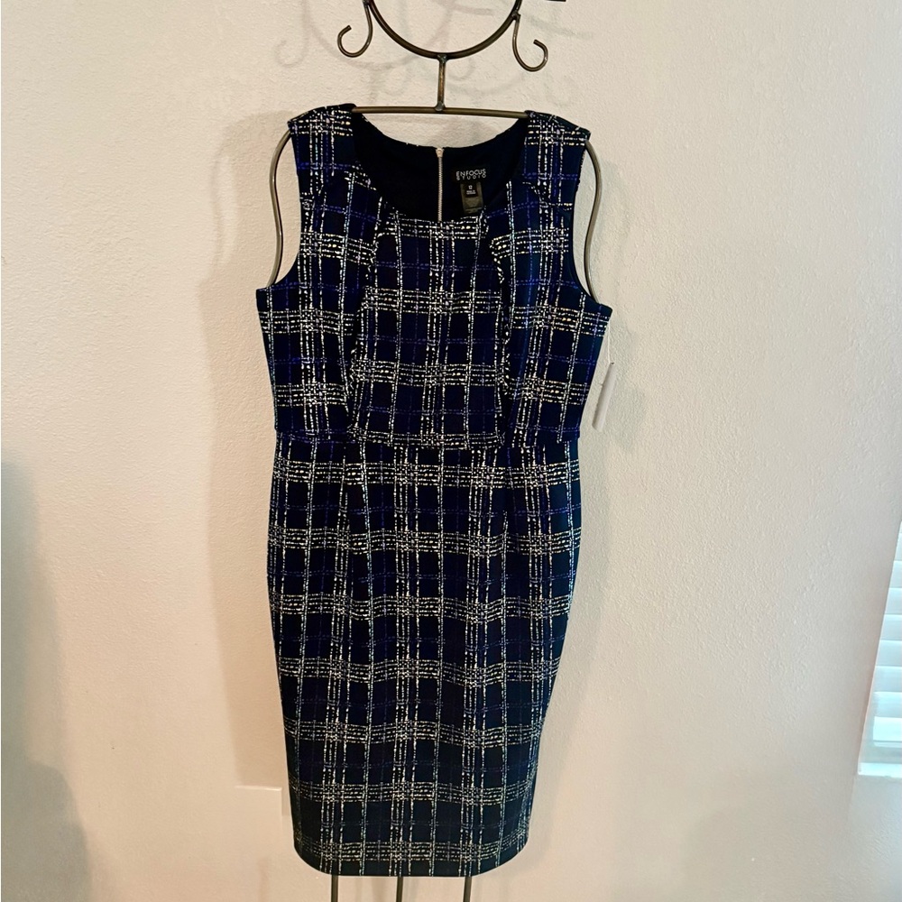 Enfocus Studio Navy and White Plaid Midi Dress Large NWT